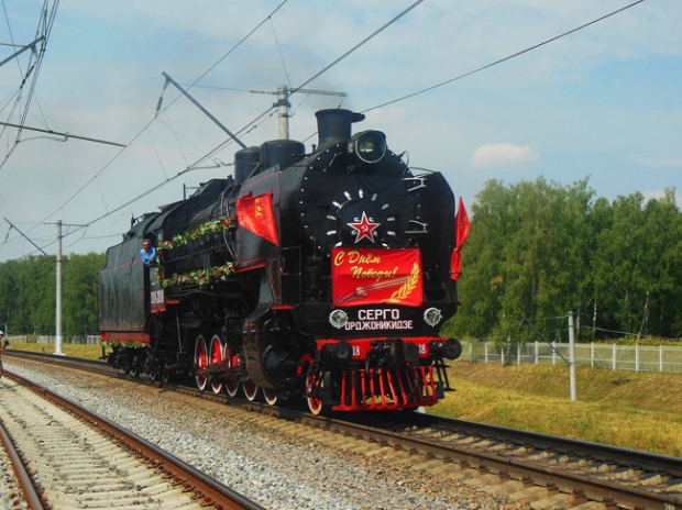 Parade Of Old Steam Trains In St. Petersburg
